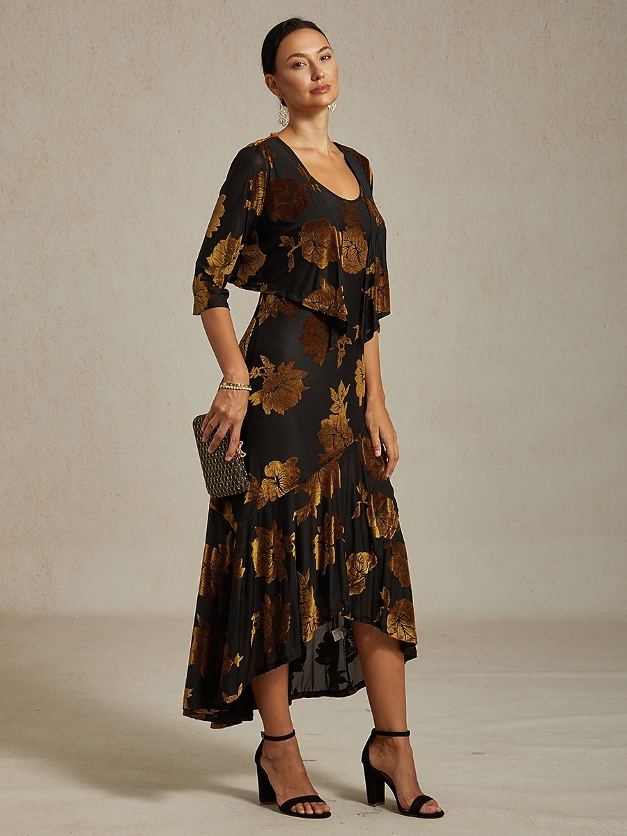 Mulheres encolhe os ombros Floral Elegante Vintage Manga 3/4 Decote V Festa de Noite Convidado do casamento Traje de festa para noite Marron Outono Inverno de 2026 por $51.99 –P5