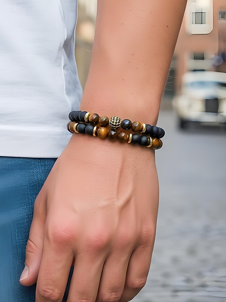 Men's Christmas Gift Natural Stone Beaded Bracelet Set, Multi-Color, Unique Matte & Polished Stones, Stylish Accessory for Holiday Parties, Casual Wear and Festive Occasions 2026 - $11.99 –P7