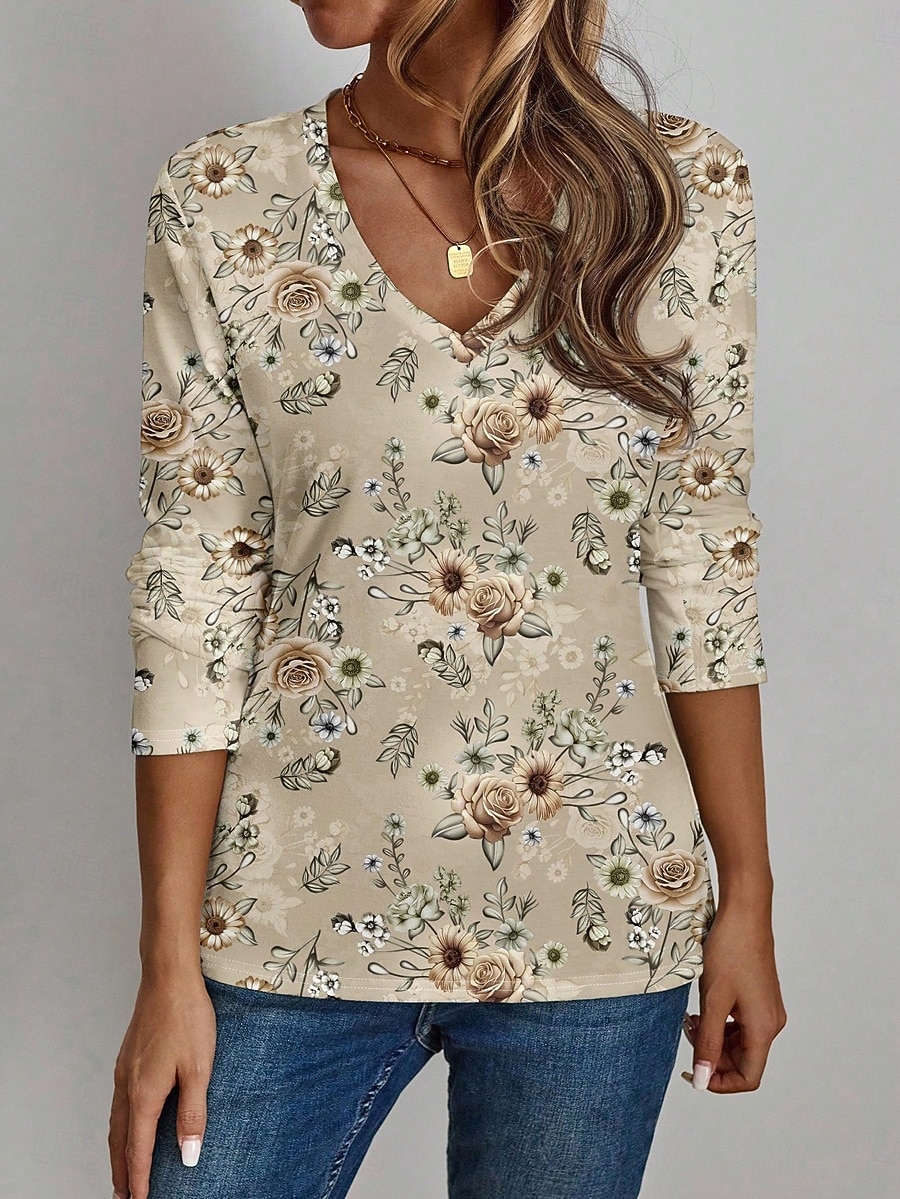 Per donna Maglietta Stampato Floreale Grafico Piante Vintage Elegante Classico Manica Lunga Scollo a V Top Regolari Quotidiano Cachi Primavera Autunno del 2026 a $24.99 –P1
