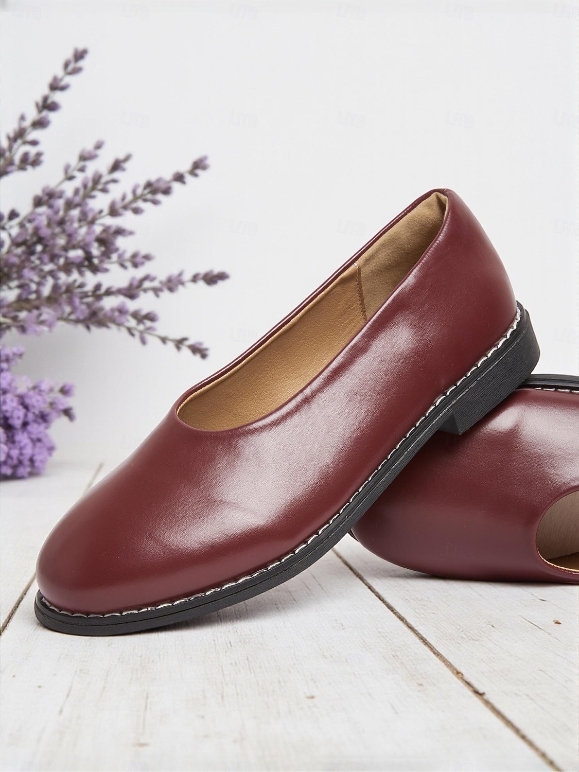 Women's Burgundy Faux Leather Round Toe Flats with Low Heel, Comfortable Casual Dress Shoes for Work, Office & Everyday Wear 2025 - $26.99 –P2