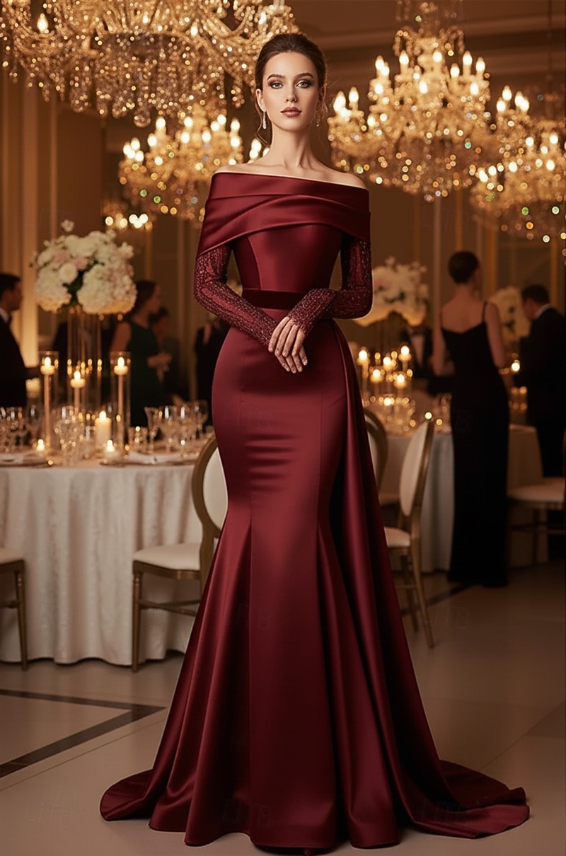 Havfrue Kveldskjoler Elegant Formell kjole Formell Bryllup Sweep / Børste train Ermeløs Løse skuldre Sateng med Plissert 2025 2025 - $164.99 –P1