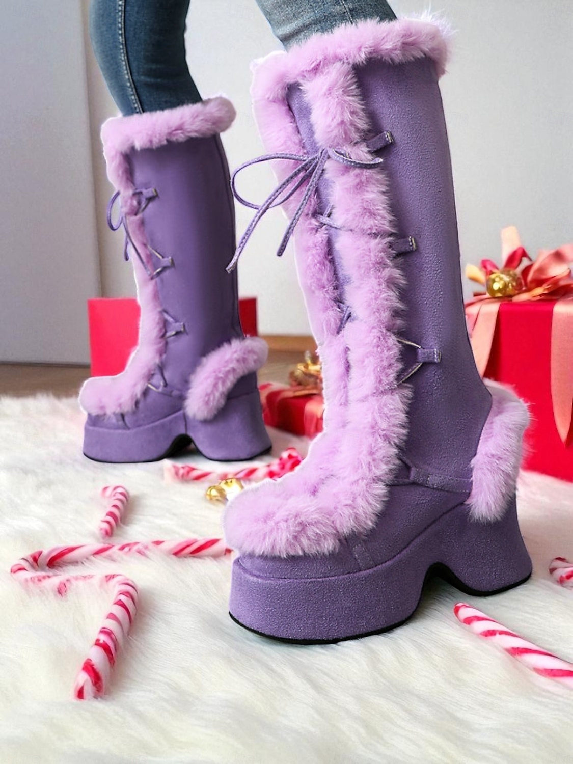 Women's  Platform Christmas Boots with Faux Fur Trim - Chic Holiday Style, Perfect for Christmas Parties and Winter Celebrations 2025 - $89.99 –P3