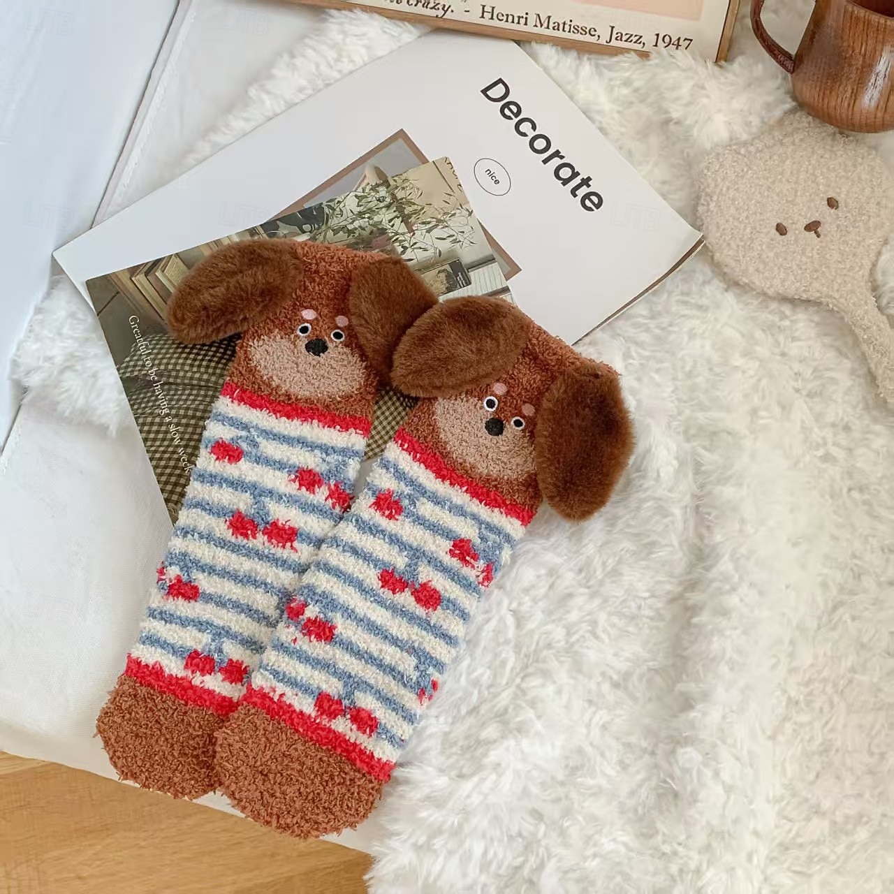 Damskie, przytulne, puszyste skarpetki świąteczne, urocze, ciepłe kapcie z motywem psa, idealne na świąteczny relaks &prezenty 2026 - $11.99 –P6