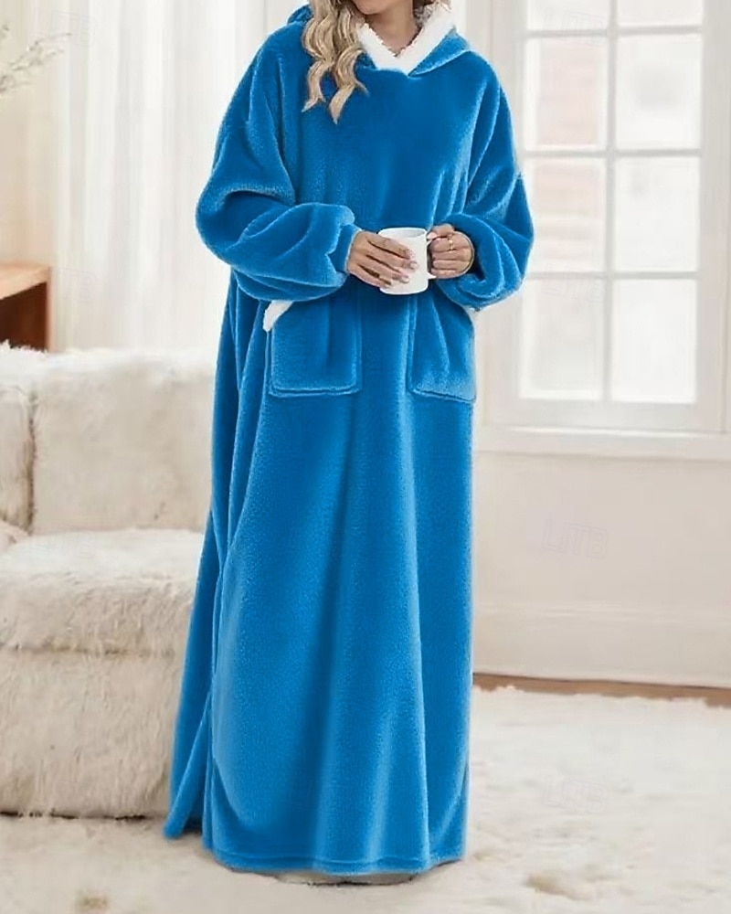 Damen Schlafanzug Freizeitkleidung Flanell Warm Mode Tragbarer Decken-Hoodie Einfarbig Tasche Heim Täglich Bett Langarm Kapuzenpullover Schwarz Marineblau Königsblau Grün Hellgrau Herbst Winter 2026 - $59.99 –P17