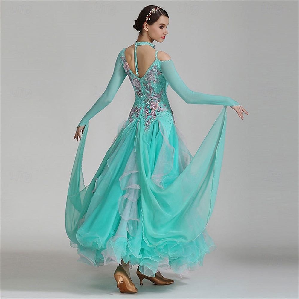 abito da ballo da sala da donna, elegante, con volant, strass, spalle scoperte, abito da competizione per valzer, foxtrot, tango – verde menta del 2026 a $404.49 –P5