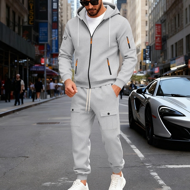 Men's Tracksuit Outfit Set Hoodies Set Hoodie Outdoor Daily Sports Drawstring Zip Up Pocket Plain Black Navy Blue Brown Polyester Activewear Fashion Streetwear Fall 2026 - $56.99 –P1