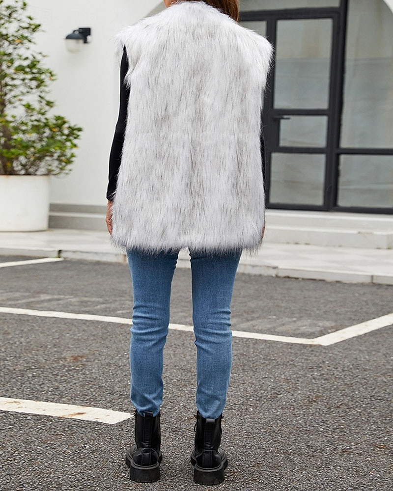 Women's Vest Faux Fur Coat Warm Comfortable Furs & Leathers Casual Color Gradient Vacation Street Casual Daily Wear Long Turndown Regular Fit Sleeveless Outerwear Black White Brown Fall Winter 2026 - $21.99 –P6