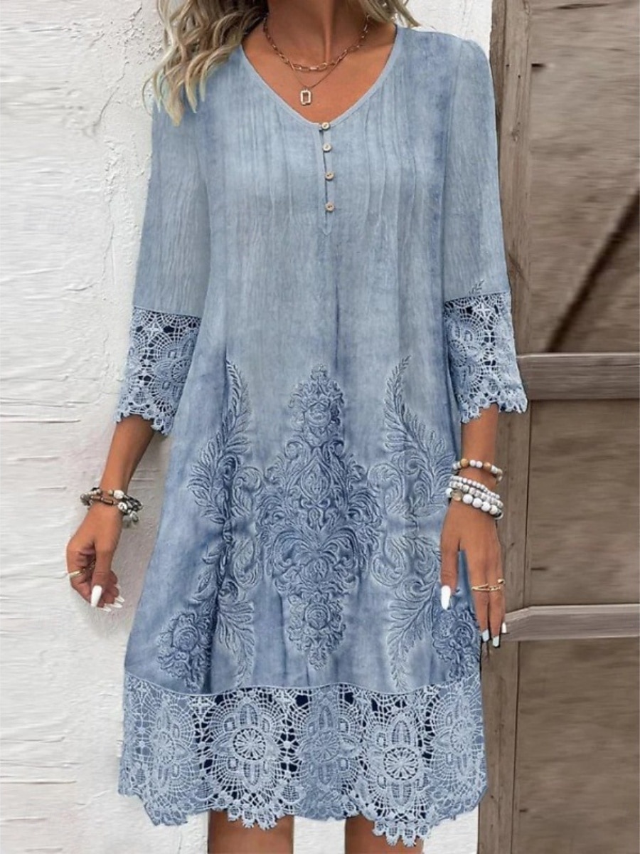 Mujer Mini vestido Vestido de cambio Casual Diario Ajuste regular Plano Manga 3/4 Escote en Pico Azul Piscina Color Camello Verde Trébol Primavera Otoño 2026 - $34.99 –P2