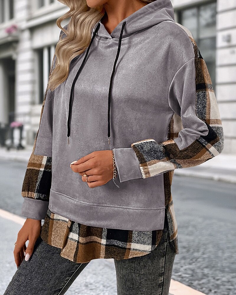 Women's Pullover Hoodie Sweatshirt Plaid Vintage Casual Long Sleeve Hooded Regular Tops Street Casual Sports Drawstring Patchwork Pink Army Green Dark Gray Beige Coffee Fall Winter 2025 - $35.99 –P14