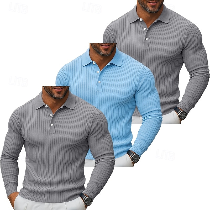 3 db-os férfi bordás kötésű felső golf pólóing többes csomag utcai lezser hajtókás hosszú ujjú alapvető modern egyszínű gombos tavasz ősz minden évszak karcsúsított bordás kötésű felső 2025 - $59.99 –P10