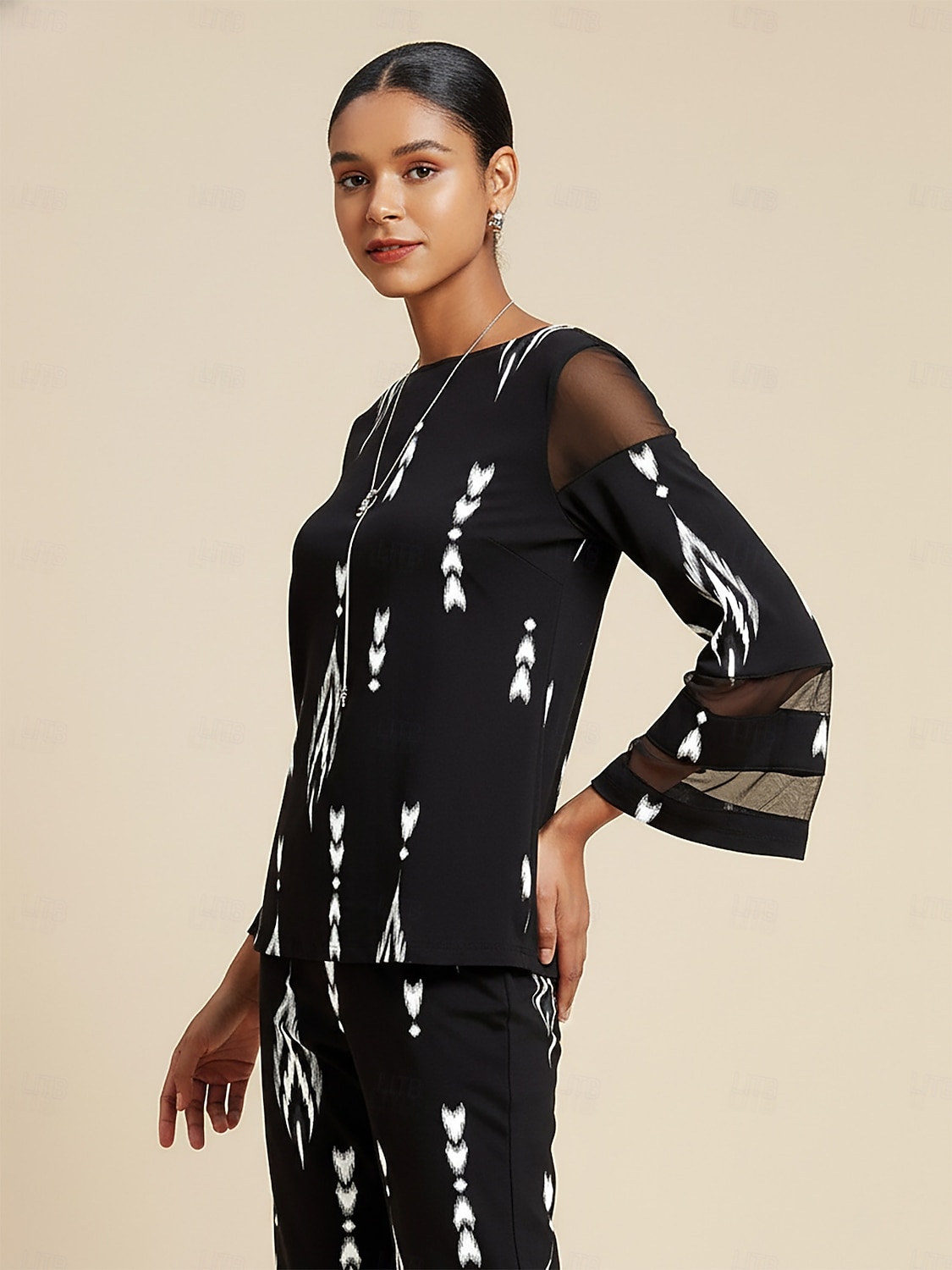 Naisten pusero Musta Geometrinen kuvio Pyöreä kaula-aukko 3/4 hihat Tyylikäs Vapaa-aika Kevät Syksy Loma Perus 2025 - $61.99 –P2