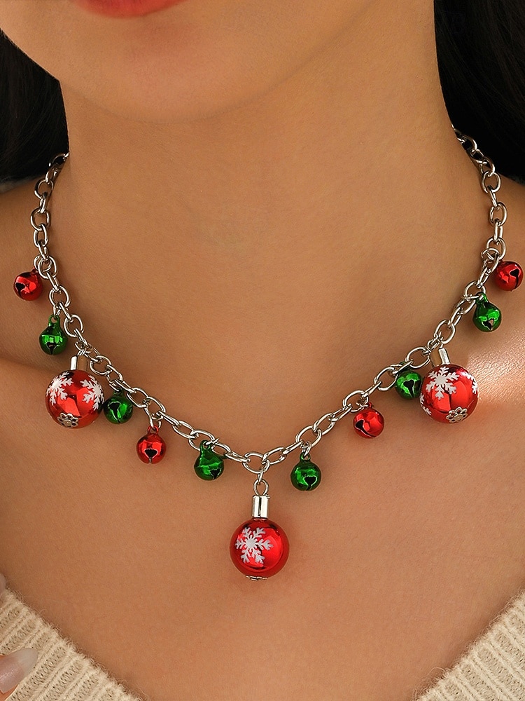 damski świąteczny naszyjnik ze stopu z czerwonymi i zielonymi dzwoneczkami, ozdobą w kształcie płatka śniegu, idealny do świątecznej mody i jako prezent 2026 - $11.99 –P3