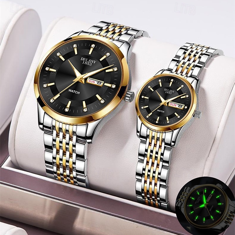 Două ceasuri noi și la modă cu cuarț pentru cupluri - carcasă din oțel inoxidabil, rezistență la apă IPX7, calendar dublu luminescent, dată și afișaj duminică/luni, curea din aliaj - cadou ideal 2025 - $24.99 –P1