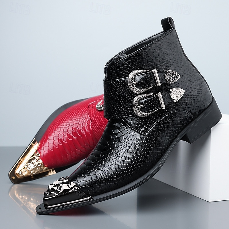 Punaiset keinonahkaiset krokotiilikuvioiset miesten kengät, joissa kaksoissolki – ylelliset juhlakengät joulujuhliin ja tyylikkäisiin iltatilaisuuksiin 2025 - $89.99 –P7