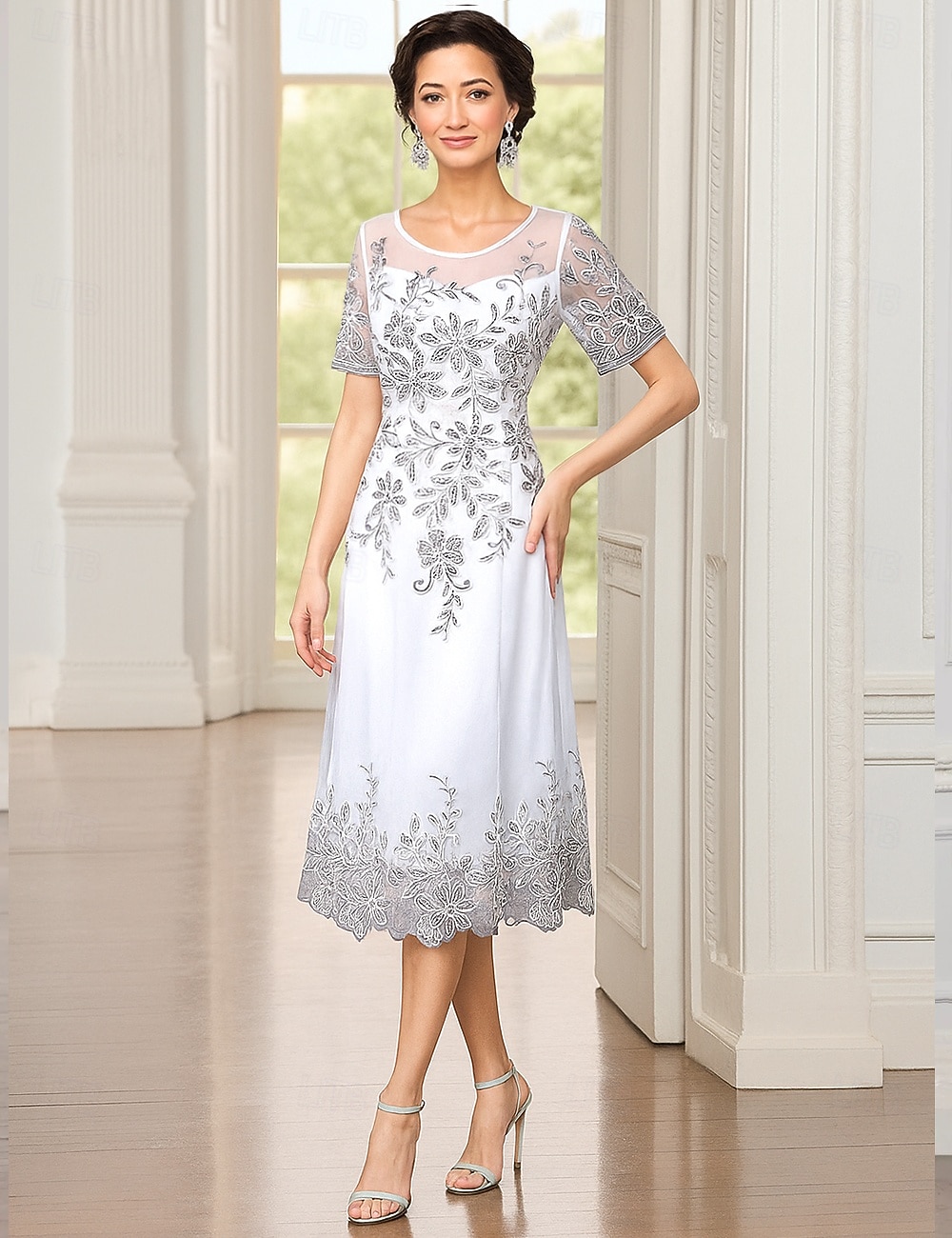 white christmas dresses Mondressy Satin Wedding Dresses Women's Elegant A-Line/Princess Scoop Neck 3/4 Sleeves Floor-Length Formal Wedding Party Gowns, As Pic