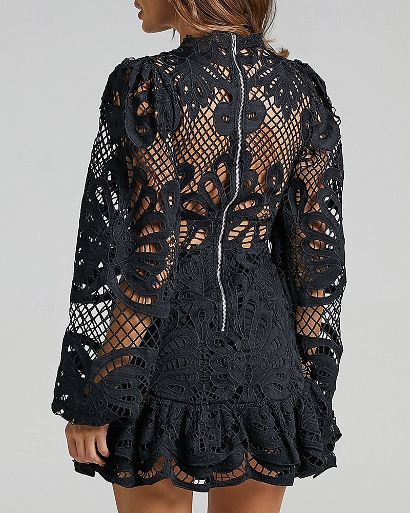 Damen Minikleid Spitzenkleid schwarzes kleid Cut-out-Kleider Etui-Kleid Mode Modern Mesh-Ärmel Laternenärmel Büro Ausgehen Normale Passform Blumen Langarm Stehkragen Blau Schwarz Weiß Rosa Frühling 2026 - $54.99 –P2