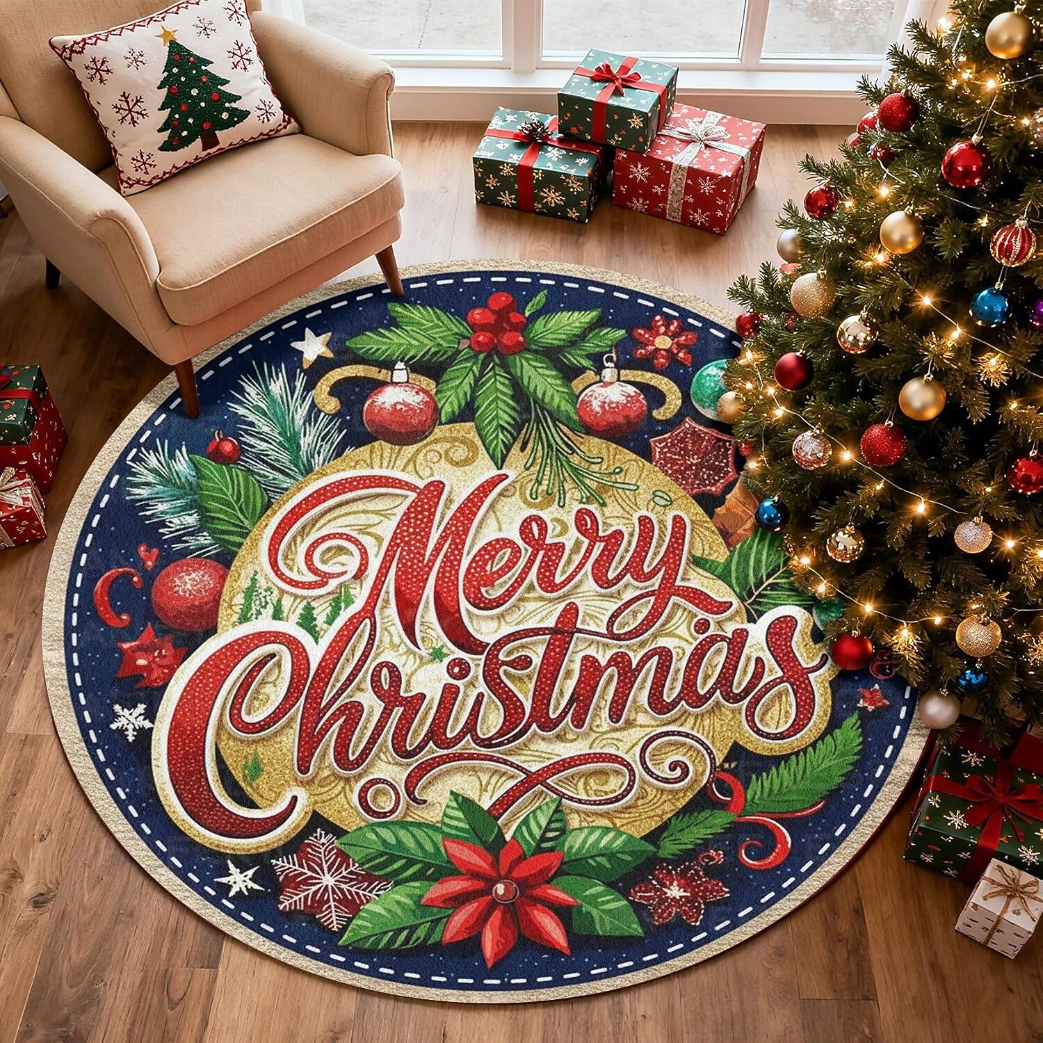 С Рождеством круглый коврик для гостиной и спальни искусственный кашемир коврик праздника с украшениями Пуансеттия и сосновыми листьями мягкий нескользящий машинная стирка 4фт 2025 - $11.49 –P1