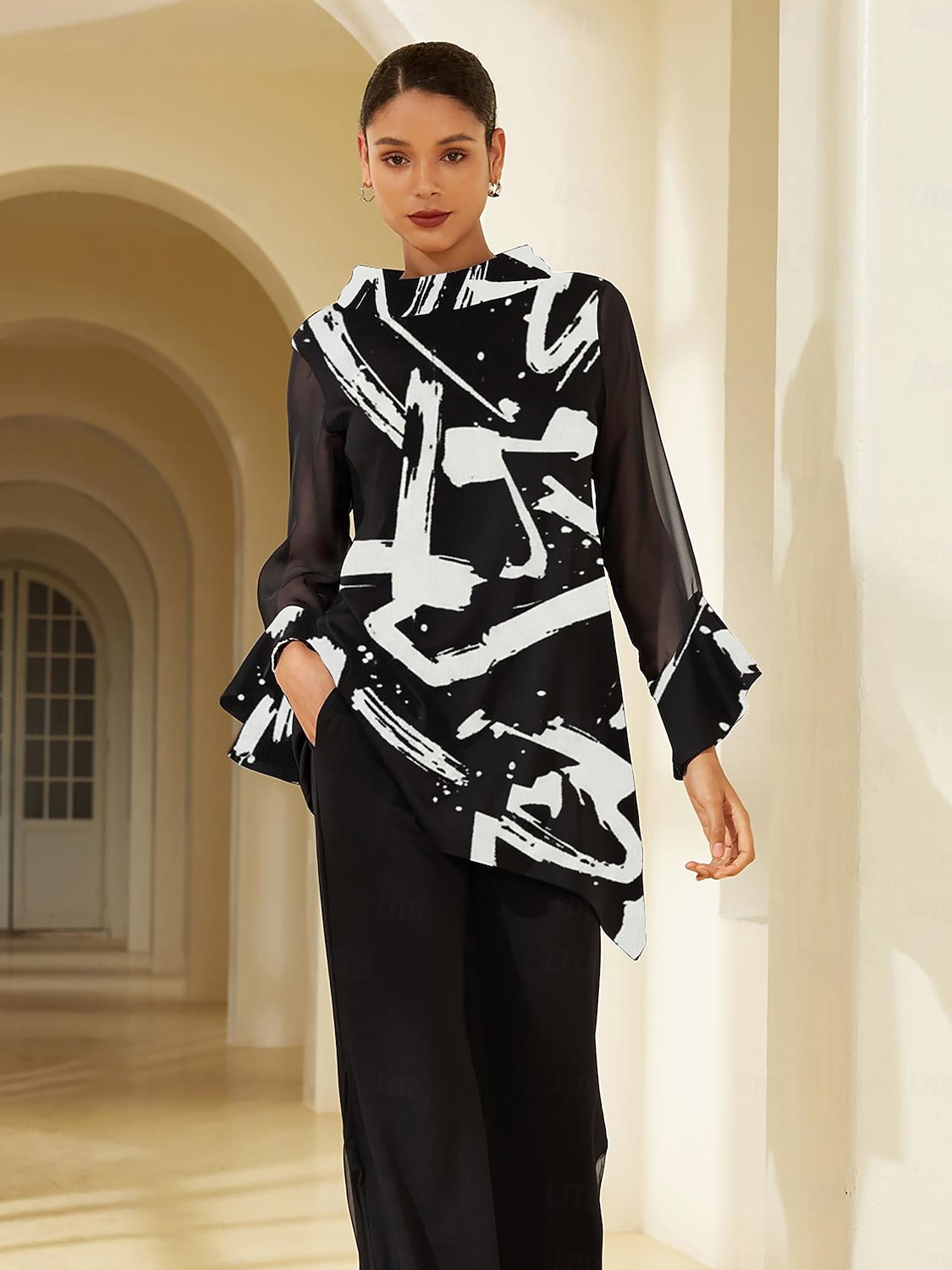 Bluză de damă neagră cu imprimeu floral, șifon elastic, mâneci scurte, decolteu tip bateau, casual, confortabil, primăvară, vară, toamnă, vacanță 2026 - $67.99 –P2