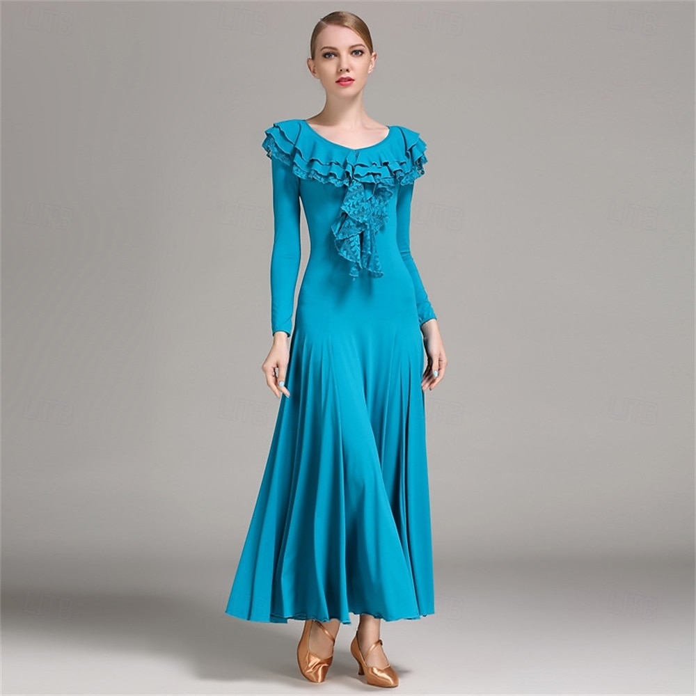 Elegant Blue Ballroom Dance Dress with Ruffled Neckline and Long Sleeves for Latin and Social Dancing 2026 - $116.99 –P2
