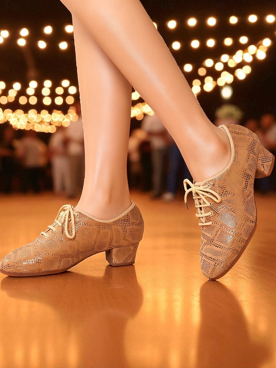 Sapatos de dança de salão femininos bege com cadarço - salto baixo estilo oxford com padrão brilhante para festas de dança profissionais &performances de 2026 por $42.99 –P6
