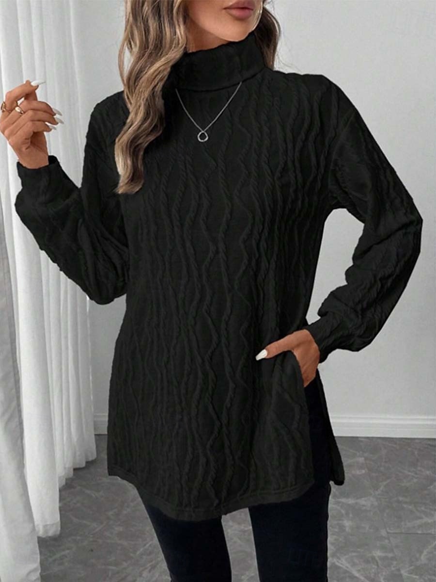 Women's Blouse Elegant Vintage Fashion Solid Color Ribbed Turtleneck Textured Split Long Sleeve Long Tops Knit Formal Outdoor Party Black 2025 - $29.99 –P7