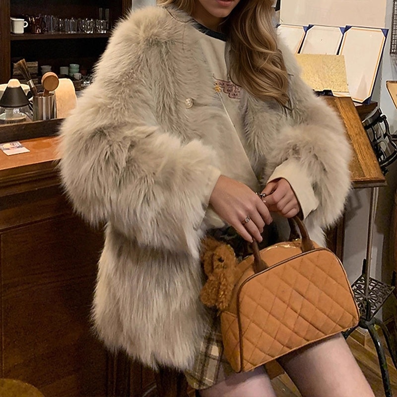 Dame Vinterfrakk Fuskepels Hold Varm Bekvem Pels og lær Aktiv Mote عادي utendørs Feriereise Avslappet Ut på byen Normal V-hals Normal Langermet Yttertøy Svart Mørkegrå Aprikos Høst Vinter 2025 - $56.99 –P3