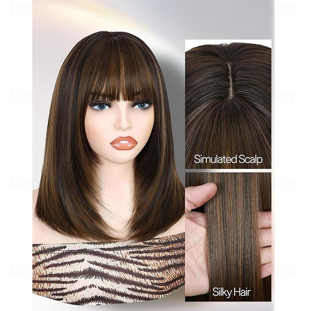 Highlight gelaagde pruiken met pony 14 inch kort gemengd bruin lijmloos kant-en-klare rechte synthetische bobpruiken voor vrouwen realistische hoofdhuid dagelijks cosplaygebruik 2026 - $21.99 –P5