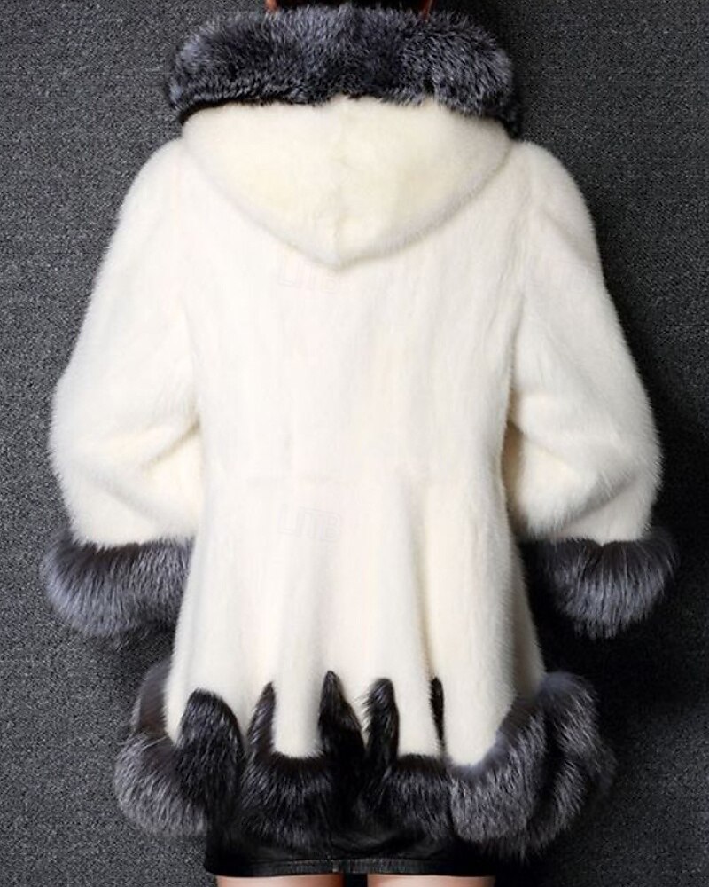 Dame Fuskepels Hold Varm Bekvem Lapper Lomme Knapper Pelskrage Mote Fargeblokk utendørs Feriereise Ferie Ut på byen Lang Med hette Normal Langermet Yttertøy Svart Hvit Høst Vinter 2026 - BHD 23.46 –P2