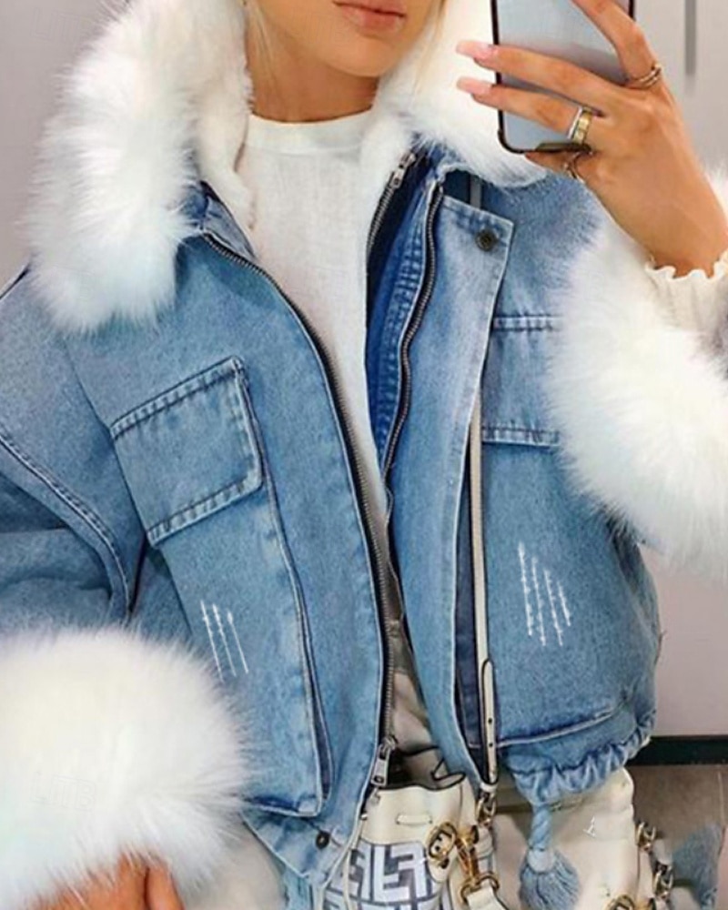 نسائي معطف شتوي جواكيت جينز الدفء مريح سحاب جيب Buttons طوق الفراء نشيط كاجوال سهل مناسب للبس اليومي مناسب للخارج عطلة نهاية الاسبوع قصيرة طوي فضفاض صالح كم طويل ملابس خارجية أسود أزرق الخريف الشتاء 2025 - $78.99 –P3