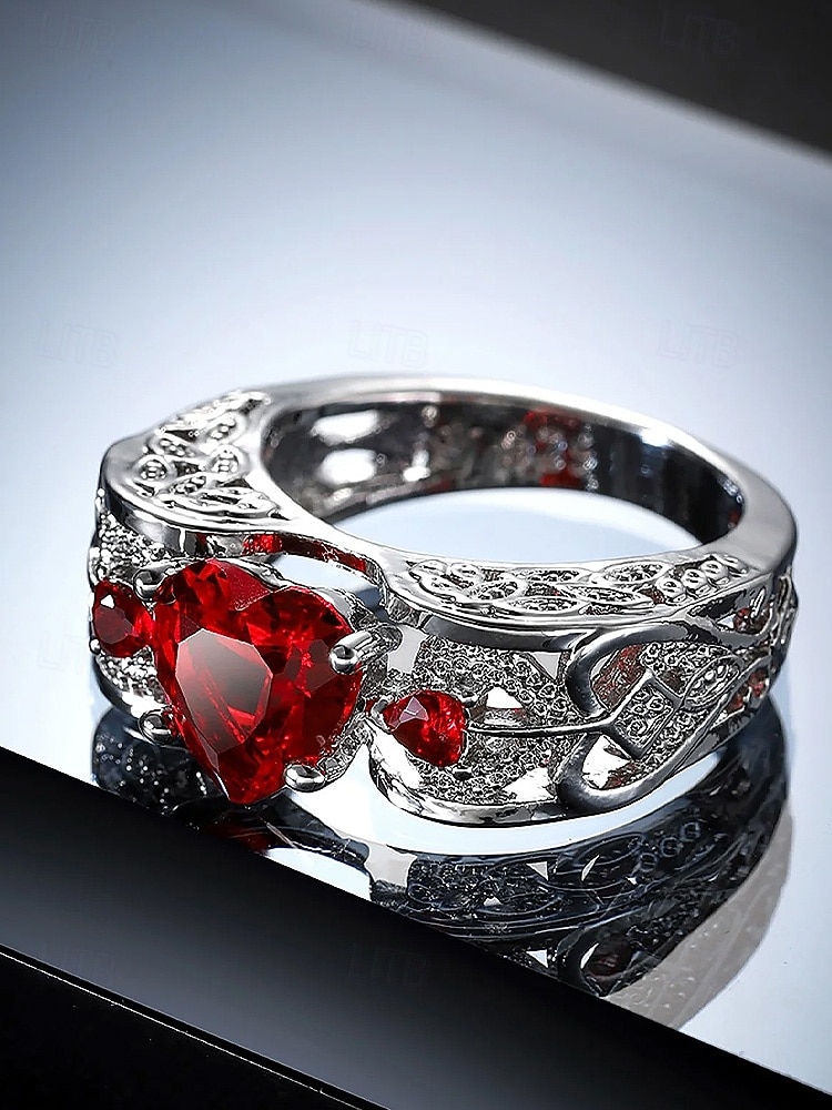 Rode hartvormige edelsteenring voor dames met verzilverde band – elegante sieraden als kerstcadeau en voor feestdagen 2026 - zł21.99 –P3