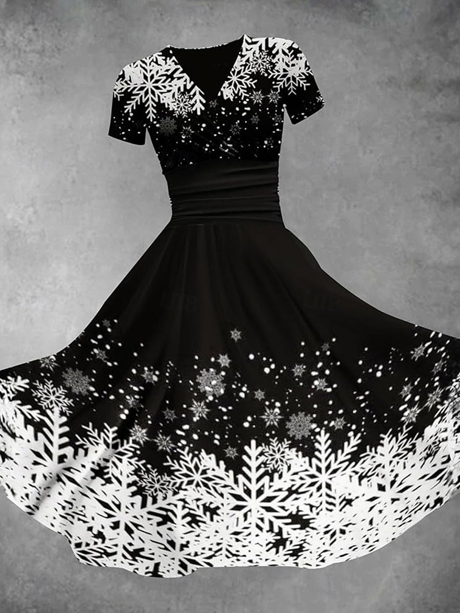 Christmas Women's Midi Dress A Line Dress Fit And Flare Dress Party Casual Daily Holiday Regular Fit Graphic Plaid Snowflake Short Sleeve V Neck Black White Red Green Fall Winter 2025 - $32.99 –P4