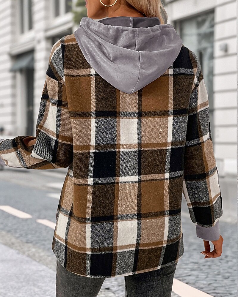 Women's Pullover Hoodie Sweatshirt Plaid Vintage Casual Long Sleeve Hooded Regular Tops Street Casual Sports Drawstring Patchwork Pink Army Green Dark Gray Beige Coffee Fall Winter 2025 - $35.99 –P16