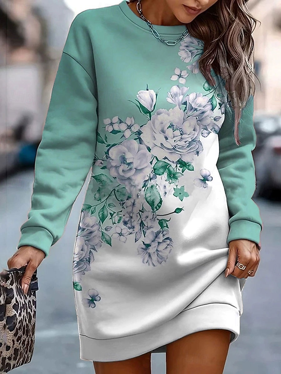 Dames Mini-jurk Hemdjurk Casual Feestdagen Uitgaan Weekend Normale pasvorm Bloemig Grafisch Lange mouw Strakke ronde hals Blozend Roze Paars Groen Grijs Lente Herfst Winter 2026 - $29.99 –P2