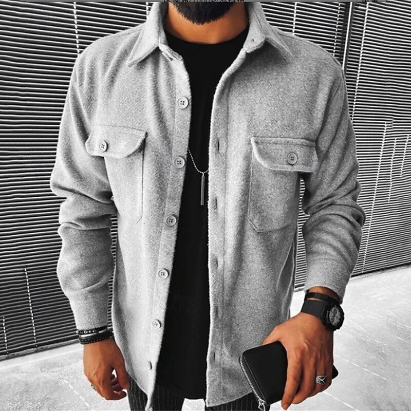 2026年 男性用 シャツ カジュアルシャツ フランネルシャツ ボタンアップシャツ ブラック グレー 長袖 平織り ラペル バケーション 祝日 ポケット 衣類 ポリエステル ファッション カジュアル 快適  コレクション – $38.99 –P2