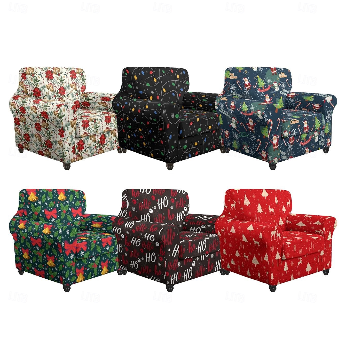 Fundas navideñas para sillones y sofás, confeccionadas en poliéster elástico teñido con hilo, con diseño de plantas, ideales para la decoración navideña del hogar. 2025 - $29.99 –P1