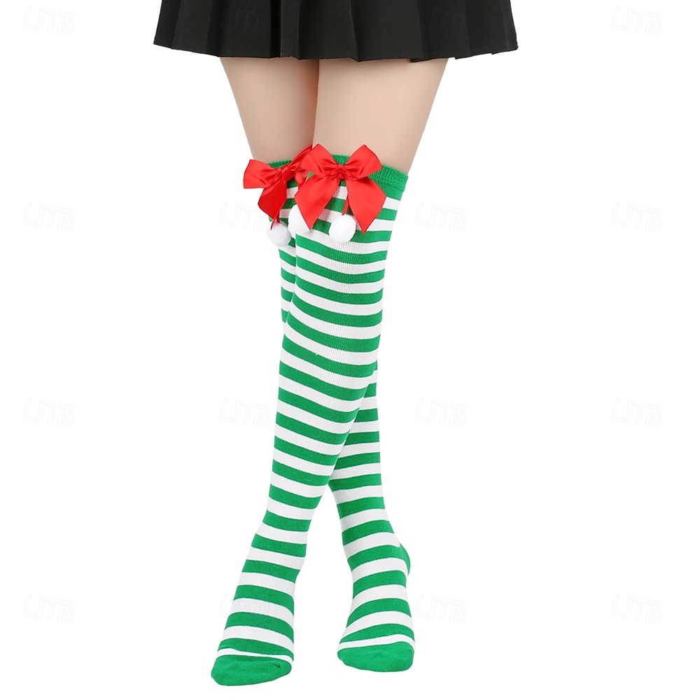 Dámské vánoční ponožky do stehen, sada 4 párů, pruhované &Jednobarevné červené sváteční punčochy s mašlemi a bambulkami, slavnostní ponožky nad kolena na zimní večírky &dárky 2026 - $18.99 –P9