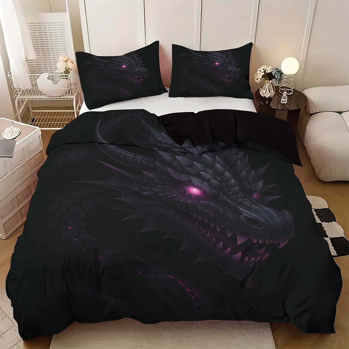Parure de lit 3 pièces en duvet motif dragon noir et violet pour grand lit, housse de couette en peluche courte douce avec 2 taies d'oreiller – Literie de chambre d'hôtel, confortable & confortable de 2026 ? $37.99 –P2