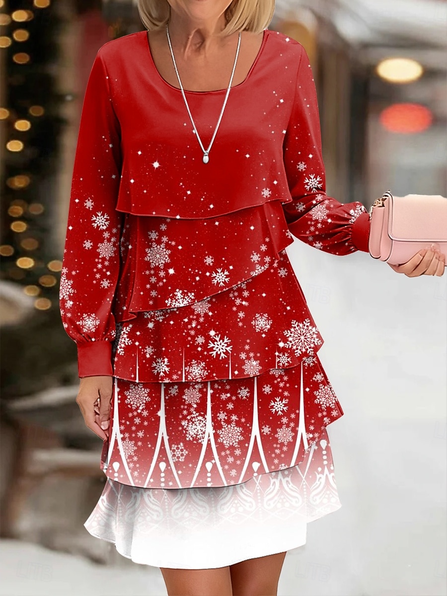 Christmas Naisten Midimekko A linjainen mekko Vapaa-aika Päivittäin Normaali Kuvitettu Lumihiutale Pitkähihainen Tiukka pyöreä kaula-aukko Rubiini Sininen Purppura Apila Syksy Talvi 2025 - $44.99 –P1