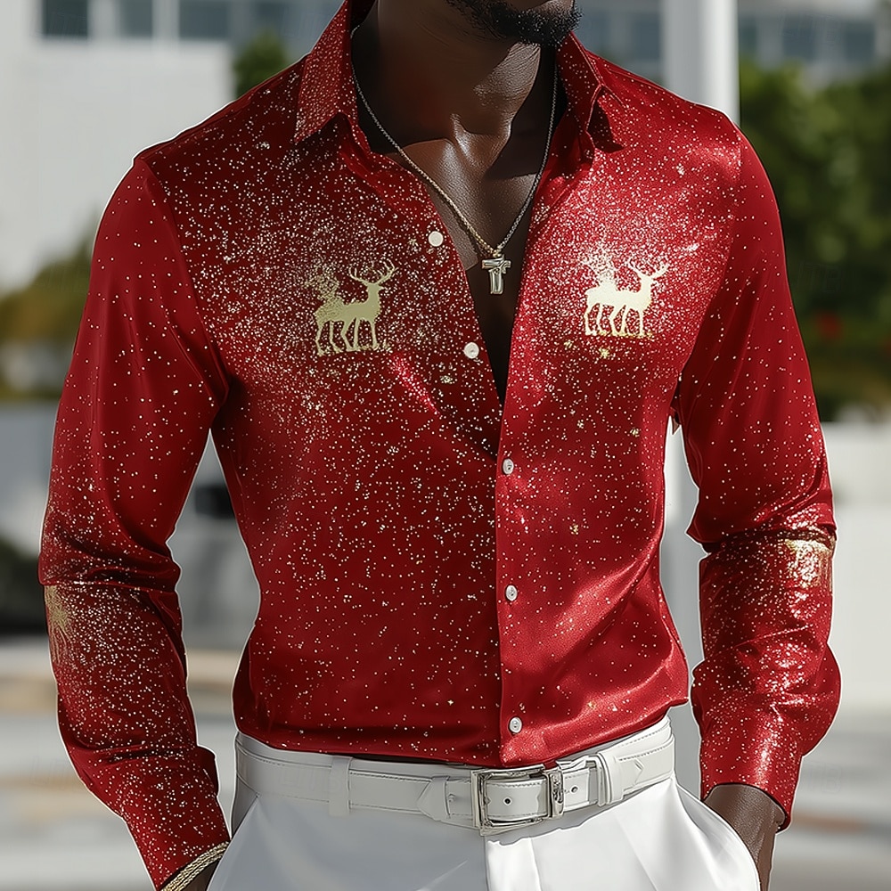 Natale Per uomo Renna Glitter scintillanti Animale di Natale Camicia Camicia in raso Camicia elegante Manica Lunga Vintage Retrò All'aperto Ferie Primavera Autunno Collo ripiegato Stampa 3D Camicie del 2026 a $29.99 –P1