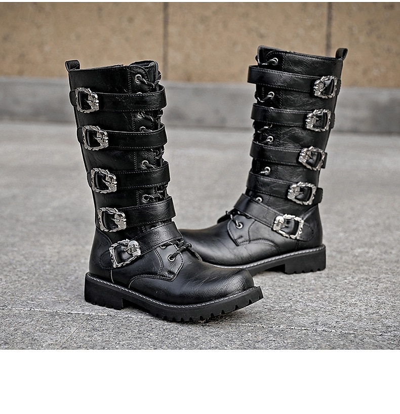 Bottes hautes pour hommes avec sangles à boucles multiples et design à lacets - chaussures de style combat punk gothique pour une tenue décontractée urbaine et la mode de rue de 2026 ? $64.99 –P3