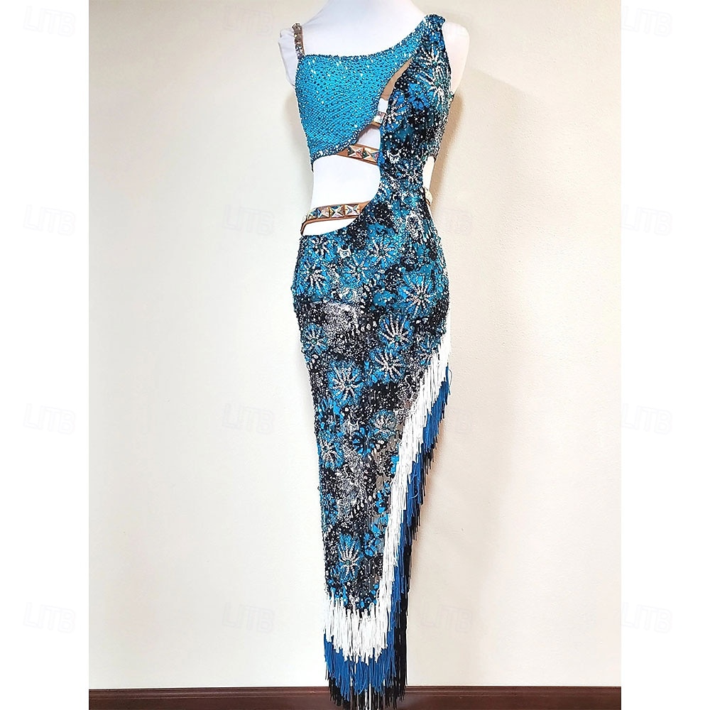 Women's Latin Dance Dress Blue Rhinestone Cutout Bodycon Fringe Costume for Cha Cha Samba Paso Doble Performance Competition 2026 - $457.09 –P1