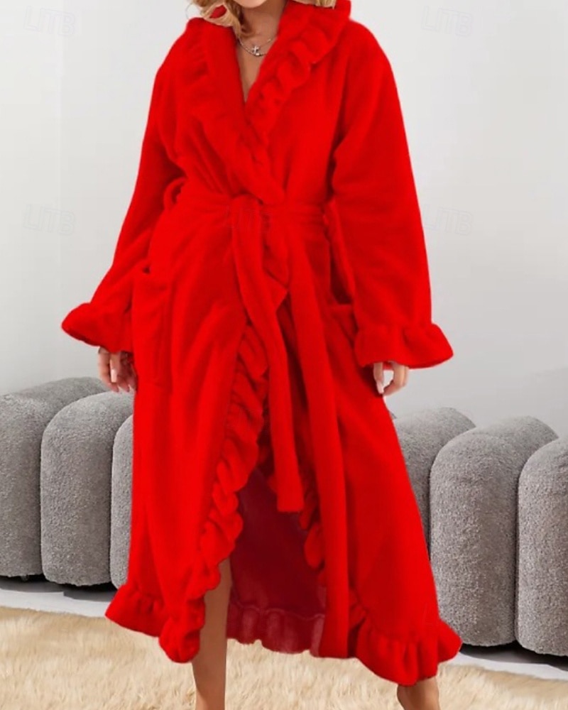Women's Pajamas Robe Flannel Warm Fashion Pure Color Ruffle Pocket Home Daily Bed Long Sleeve Crew Neck Black White Pink Red Purple Fall Winter Regular Fit 2026 - E£3015.43 –P10