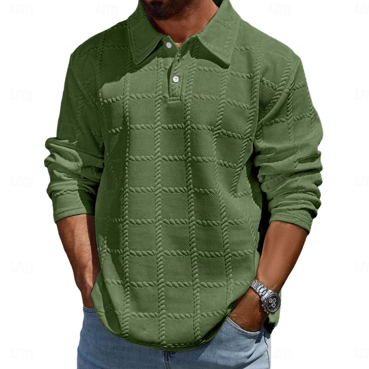 Herre Med Tekstur Golf poloskjorter Avslappet Virksomhet Knaphul Langermet Mote Grunnleggende Helfarge rutete Jacquard Høst Vinter Alle årstider Normal Militærgrønn Med Tekstur 2026 - $20.99 –P8