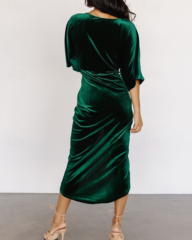 Damen Midikleid Samtkleid Partykleid Cocktailkleid Mode Modern Party Abendgesellschaft Normale Passform Einfach Halbarm V Ausschnitt Schwarz Wein Dunkelgrün Kamel Herbst Winter 2025 - $31.49 –P7