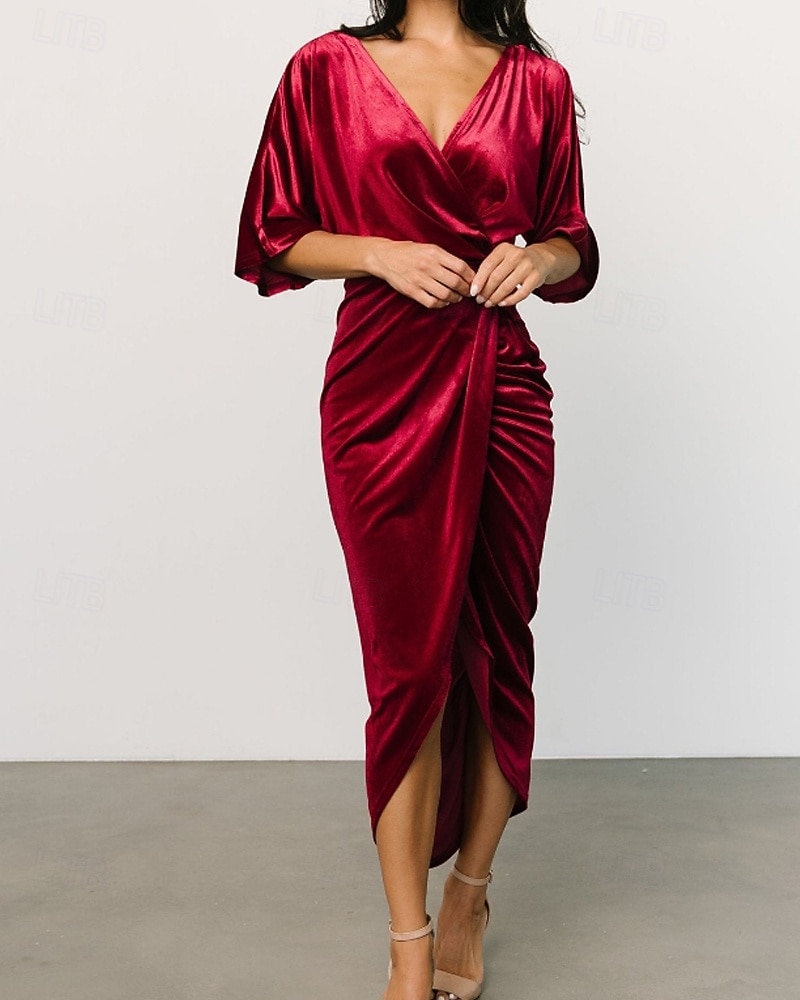 Damen Midikleid Samtkleid Partykleid Cocktailkleid Mode Modern Party Abendgesellschaft Normale Passform Einfach Halbarm V Ausschnitt Schwarz Wein Dunkelgrün Kamel Herbst Winter 2025 - $31.49 –P1