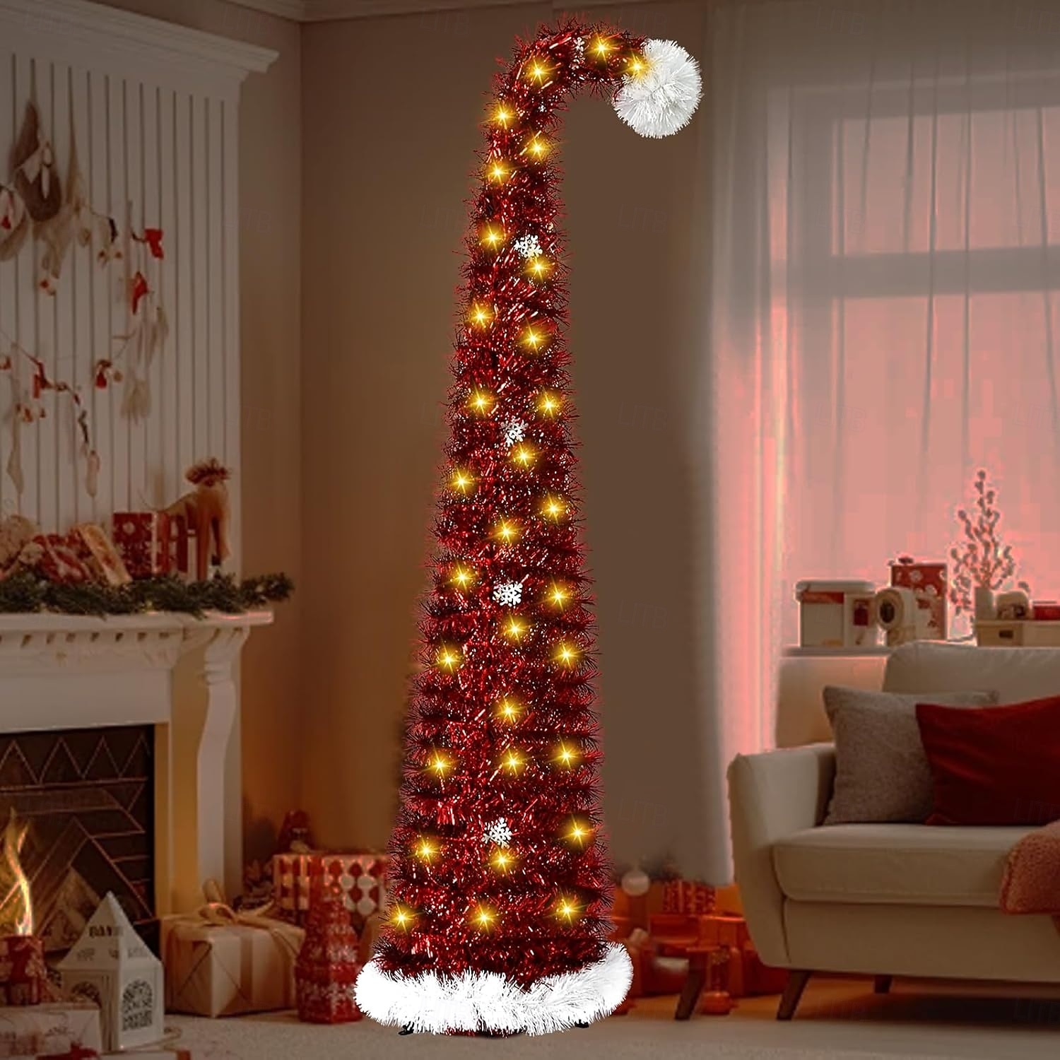 Christmas red Christmas hat tilted head Christmas tree 5M 50Leds warm light string indoor living room study staircase holiday atmosphere decoration prop 1.5M/5FT AAA battery box 2025 - CAD $46.99 –P1