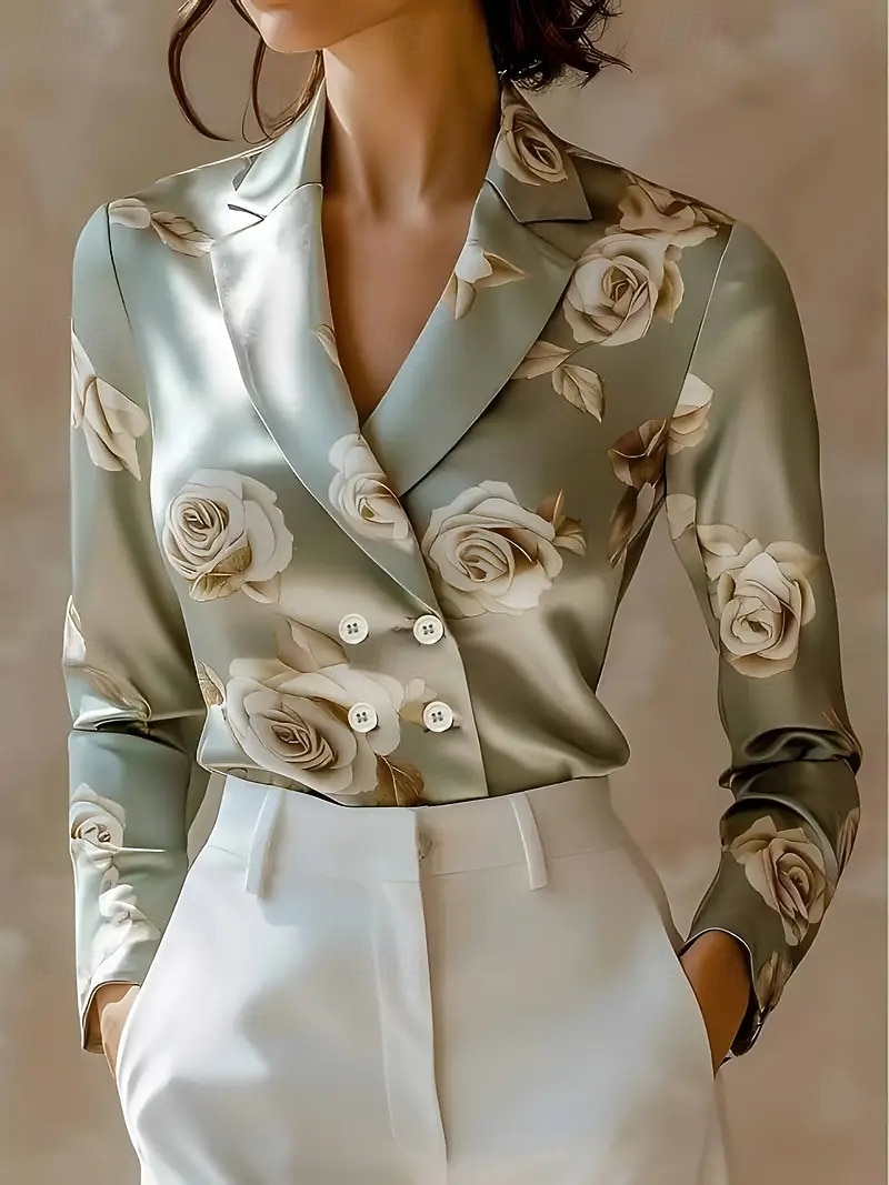 Per donna Blusa Fiore Vintage Quotidiano Manica Lunga Colletto a Camicia Top Regolari Vino Verde Albicocca Primavera, Autunno, Inverno, Estate del 2025 a $22.99 –P1