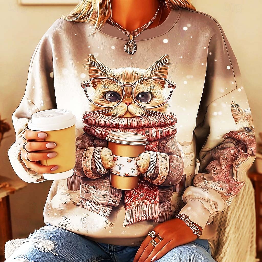 2025年 女性用 スウェットシャツ グラフィック 動物 猫 カジュアル 長袖 クルーネック レギュラートップス ストリート 日常着 カジュアル プリント ピンク パープル ブラウン グリーン 春 秋 冬  コレクション – $24.99 –P1