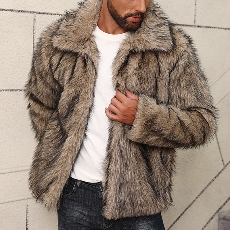 Homme Veste d'hiver Manteau en Fausse Fourrure Vacances Quotidien Chaleur Thermique Toison Automne Hiver Uni Mode Streetwear Revers Régulier Fausse fourrure Blanche Marron Gris Veste de 2026 ? $65.99 –P12