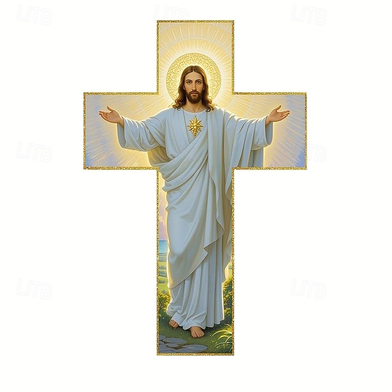 Drewniany krzyż ścienny z wizerunkiem Jezusa Chrystusa w złotej aureoli, 20x30 cm/8x12 cali, religijny, domowy, kościelny, salon, biuro, dekoracja ścienna, ozdoba wielkanocna, prezent świąteczny, 2026 - $9.99 –P10